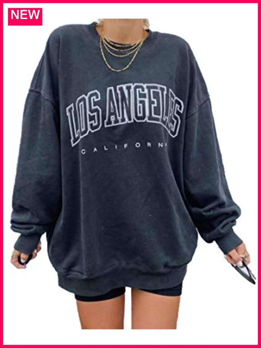 Oversized Fleece Crewneck Sweatshirt, LA Printed Long Sleeve Pullover Top